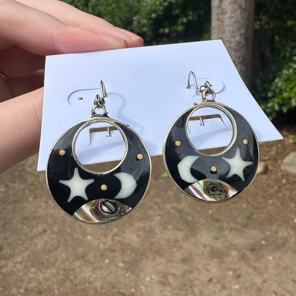 Celestial Abalone and Black Onyx Vintage Earrings